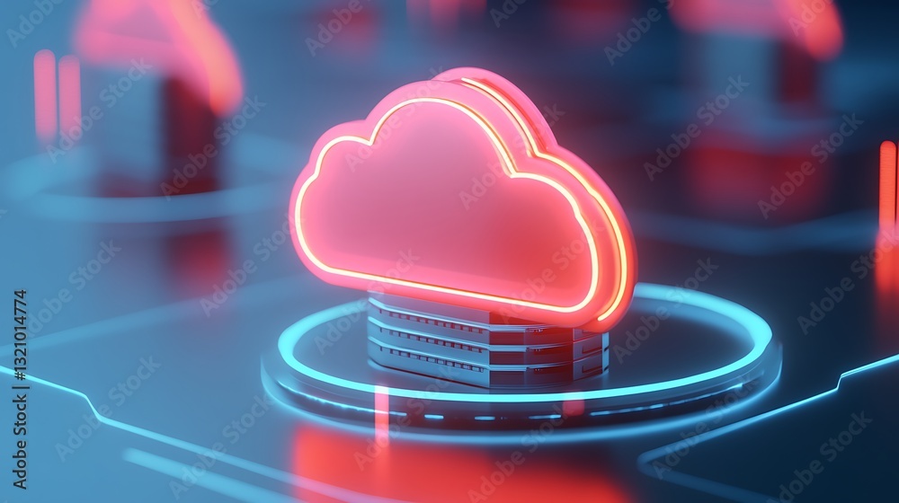 Poster neon cloud icon with data server for digital technology and storage solutions concept