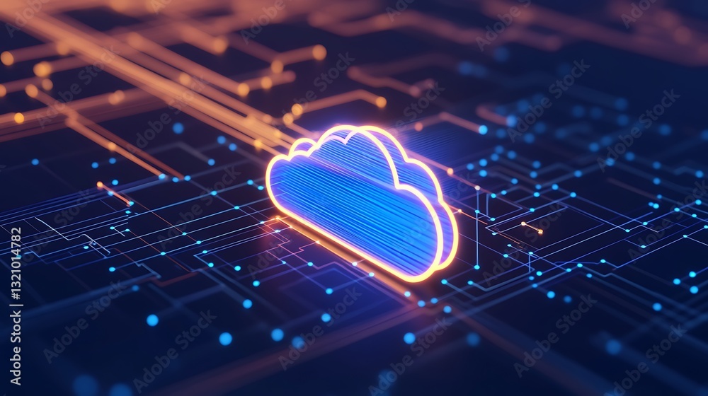 Poster neon cloud illustration with digital connections and circuit patterns for technology and networking 
