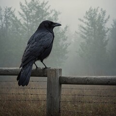 Fototapeta premium A crow perched on a fence during a foggy morning.