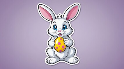 Obraz premium Cartoon bunny with a polka dot egg on a lavender background