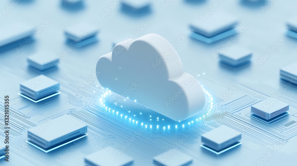 Wall mural white cloud symbol surrounded by glowing circuit patterns on a blue digital background representing 