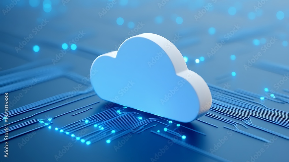 Wall mural white cloud icon on a digital circuit background with glowing blue dots representing technology and 