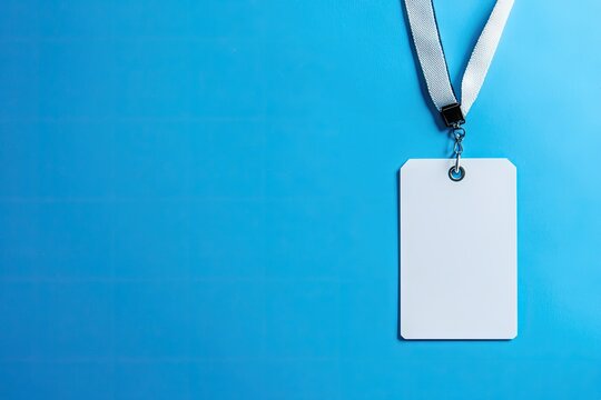 Blank identification badge on a light-gray ribbon against a vibrant blue background