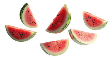 Fresh and juicy watermelon slices arranged artistically on a clear backdrop isolated on transparent background, cutout png