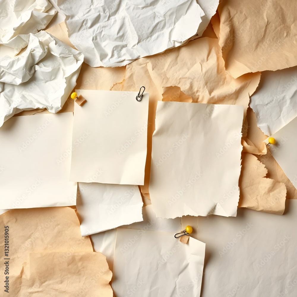 Poster assorted paper textures collection includes torn, blank, and crumpled sheets with attachments for cr