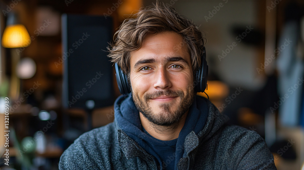 Poster focused man wearing headphones engaged in remote podcast interview with professional microphone and 