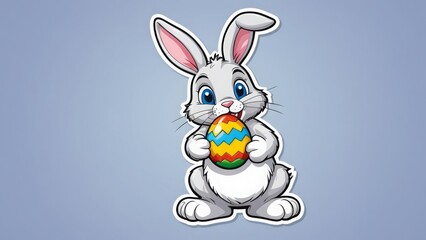 Obraz premium Cartoon bunny with zigzag egg on a light blue background
