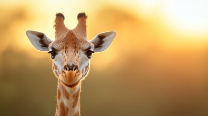 Obraz premium A captivating close-up of a giraffe’s face illuminated by a glowing sunset, showcasing the intricate patterns and beauty of this incredible herbivore in a tranquil setting.