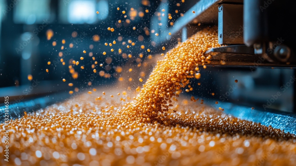 Poster spherical particles pour from a manufacturing machine onto a conveyor belt in a busy refinery. the p