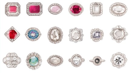 Elegant jewelry collection featuring various gemstones and settings.  A wide array of rings in different styles and colors
