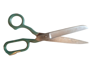 Vintage teal scissors with metallic blades, isolated on white.  A nostalgic image representing cutting, separation, or new beginnings. Perfect for crafting, DIY, or retrothemed projects.