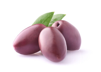 Kalamata olives with leaves on white background