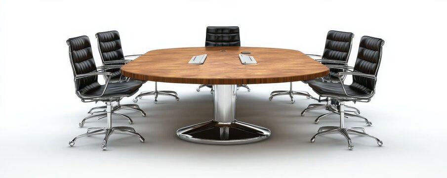Modern wooden conference table with six black leather office chairs