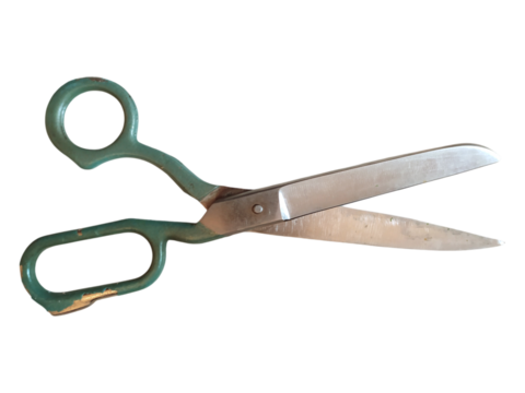 Vintage teal scissors with metallic blades, isolated on white.  A nostalgic image representing cutting, separation, or new beginnings. Perfect for crafting, DIY, or retrothemed projects.