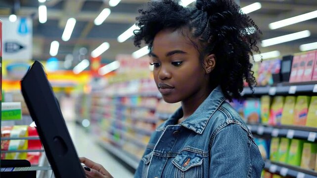 Afro american woman in a denim jacket using a self-checkout machine SCO in a supermarket, scanning items with focus. Concept of modern contactless shopping habits and automated checkout systems ACO.