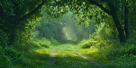 Obraz premium misty forest pathway covered in fresh green leaves, morning sunlight filtering through