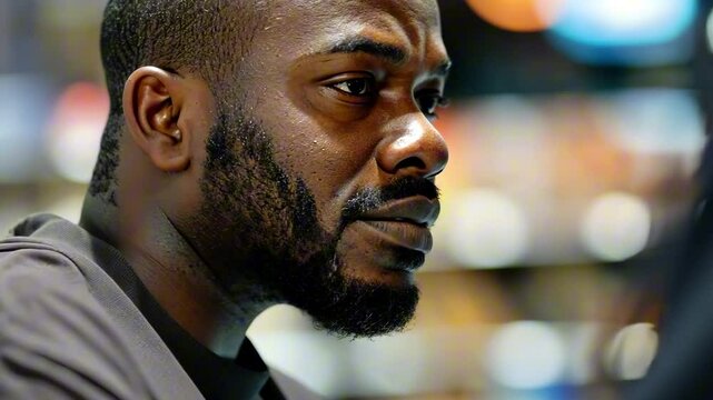 Afro american man with focused expression using automated self-checkout machine SCO in supermarket, looking at the screen while making payment. Modern shopping, digital transactions, POS, ACO concept