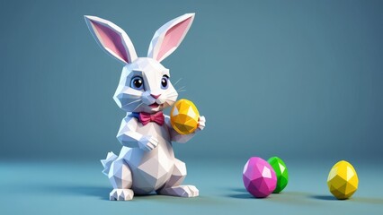 Fototapeta premium Geometric bunny holding a yellow egg with colorful eggs on a blue background
