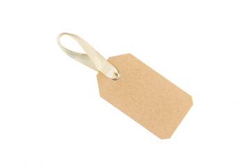 brown paper gift tag with golden silk ribbon band isolated on white or transparent png