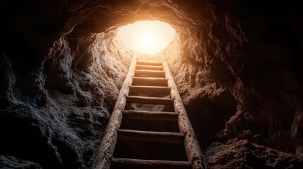 A rustic wooden ladder leads upward from a dark cave, where a bright light shines at the top, representing the promise of hope, change, and new beginnings.