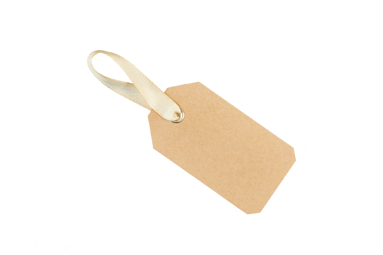brown paper gift tag with golden silk ribbon band isolated on white or transparent png