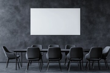 Dark, modern conference room with blank whiteboard