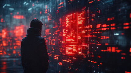 Individual standing before a wall of red and black data representing a cybersecurity breach visualization by a modern hacker