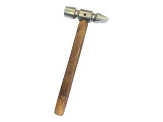 A sturdy, classic hammer with a worn wooden handle, isolated on a white background.