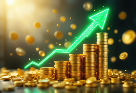Flecha verde brillante que asciende suavemente, con monedas doradas y s&iacute;mbolos financieros flotando en el fondo