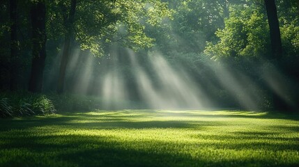 Obraz premium Serene sunlight filtering through lush trees onto a vibrant green meadow in a tranquil forest