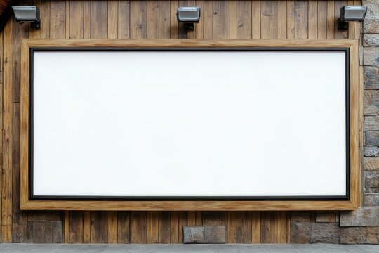 Blank billboard on a wooden and stone wall