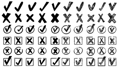 Check marks doodle set. Vote, yes, no, checkbox, checklist, tick and cross signs, v and x drawn concept. Hand drawn doodle sketch style vector illustration 