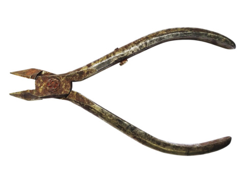 Rustic, aged metal pliers isolated on white.  Perfect for concepts of craftsmanship, repair, vintage tools, or times passage.