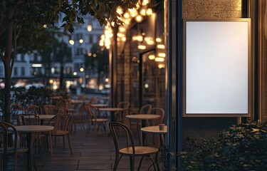 Outdoor cafe at night with blank signage