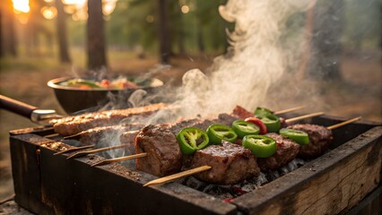 A smoky barbecue grill with juicy steaks and melted cheese on a mountain campsite at sunset. A scenic outdoor cooking experience with breathtaking nature views, perfect for adventurers and food lovers