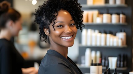 A hair stylist smiling while working with a client, with room for a logo
