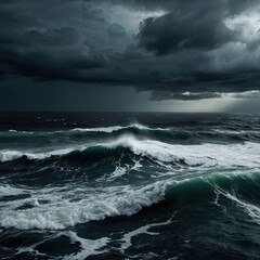 Fototapeta premium Dark Storm Clouds Unleashing Their Fury On A Restless Ocean, Creating A Dramatic Seascape Of Powerful Waves And Deep Shadows