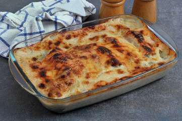 Plat de gratin d'endives au jambon fait maison en gros plan sur fond gris