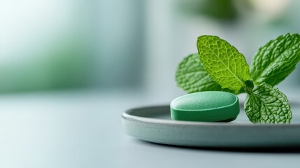 This captivating image features mint leaves gracefully placed next to a green tablet on a smooth surface, symbolizing the intersection of health and nature in daily life.