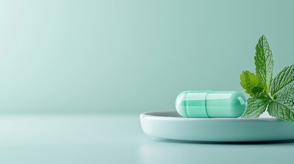 A vibrant green capsule sits on a sleek plate alongside fresh mint leaves, symbolizing health and wellness, with a soothing, minimalistic backdrop enhancing its appeal.