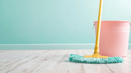 A mop and bucket poised for action against a fresh, mint-colored wall, symbolizing cleanliness, order, and the effort put into maintaining a tidy living environment.