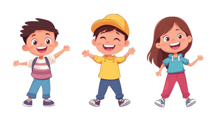 Three cheerful cartoon children celebrating together with joyful expressions, isolated on transparent background, cutout png