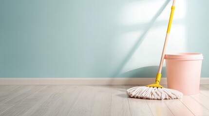 A mop alongside a pink bucket in a brightly lit room, showcasing a serene and inviting space, embodying the essence of cleanliness and organization in everyday life.