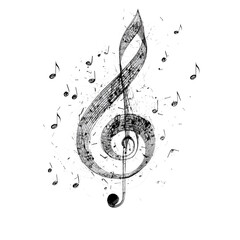 Fototapeta premium Musical treble clef surrounded by floating notes creating a dynamic artistic design isolated on transparent background, cutout png