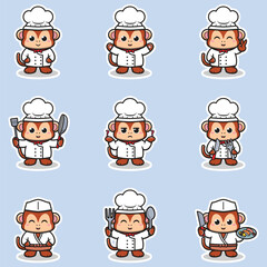 Vector Illustrations of cute Monkey chef mascot cartoon character. Illustration Collection of Monkey icon isolated. This is Vector Illustration.