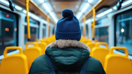 A person wearing a winter hat sits alone on an empty bus, revealing a sense of solitude and contemplation in a softly lit and quiet urban environment.
