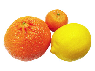 Vibrant citrus fruits a juicy orange, a mandarin, and a zesty lemon, arranged on a clean white background. This image conveys freshness, health, and the concept of variety.