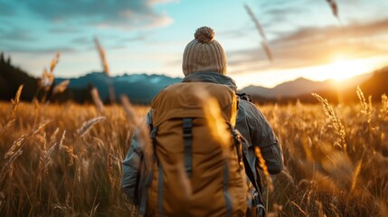 A lone hiker stands amid fields at sunrise, appreciating the majestic mountains in the distance, showcasing the beauty of nature and the spirit of adventure.