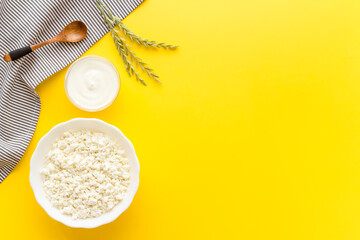 Protein food set with farm dairy products, top view. Milk and cottage cheese with sour cream