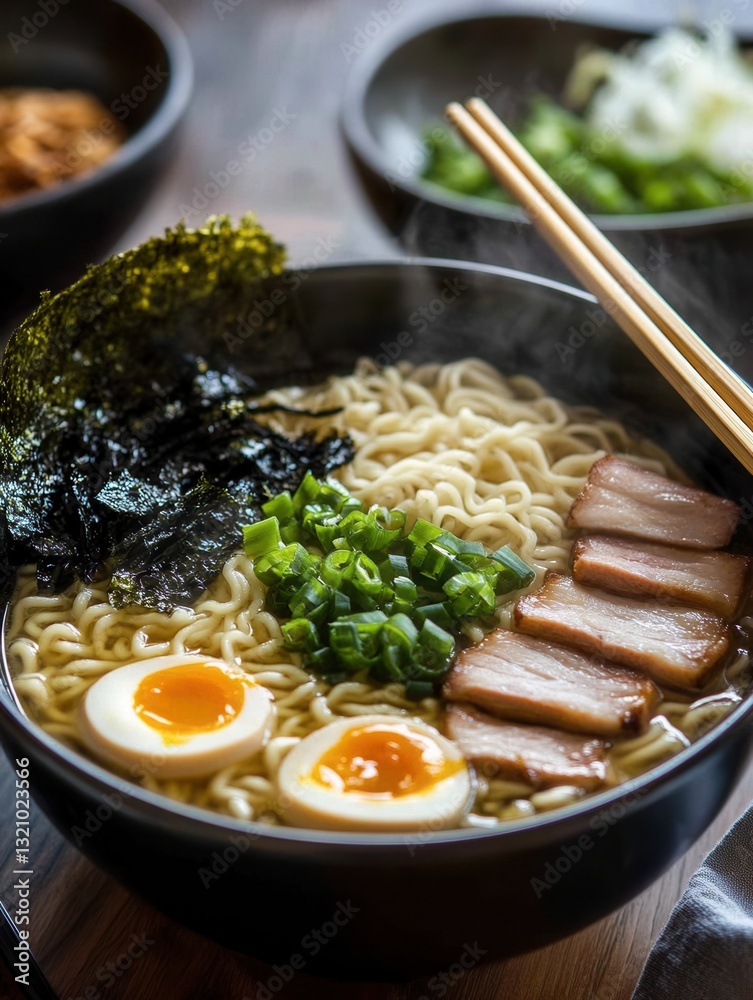 Poster steaming bowl of ramen with pork and green onions served on a wooden table with chopsticks ready for
